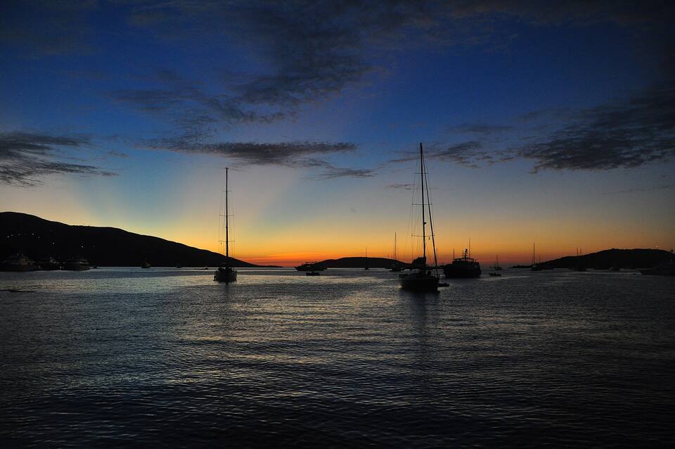 Yachts at anchor off the Bitter End in North Sound, Virgin Gorda, just after sunset