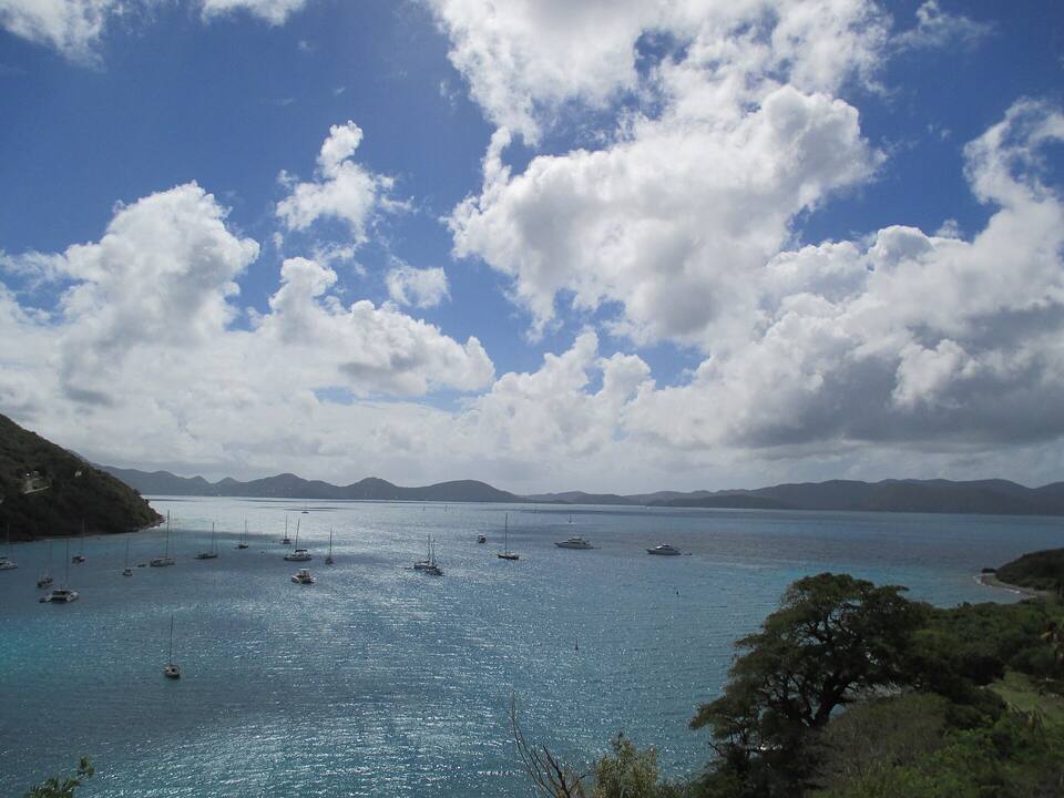 Great Harbour, Jost Van Dyke, from the hill: boats at anchor in the bay and the islands to the south