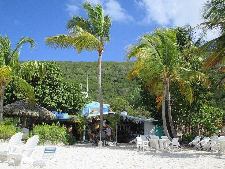 The Soggy Dollar Bar behind the sand under the palms at White Bay, with white beach chairs in front